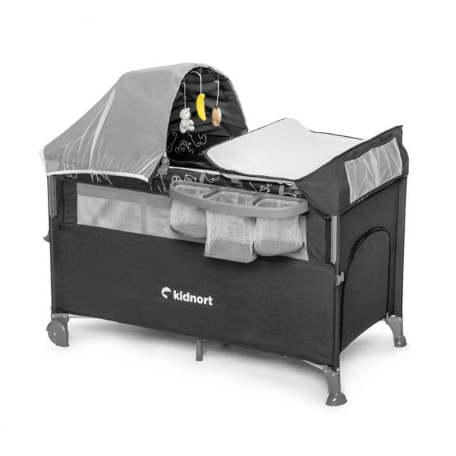 Patut de calatorie pentru copii Kidnort pliabil multifunctional 3 in 1 din material Oxford 300 cu geantuta de depozitare laterala culisanta roti cu frana accesorizat Stugan Dark Grey