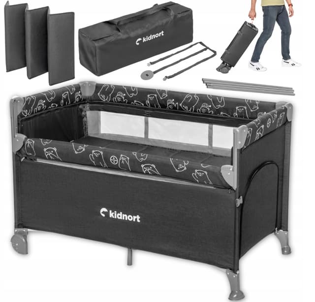 Patut pliabil 3 in 1 pentru copii Kidnort cu doua nivele laterala culisanta plasa de ventilatie cu saltea si geanta de transport incluse dimensiune 128 x 78.5 x 68 cm Livsmiljo Dark Grey