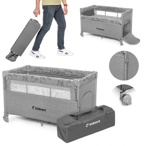 Patut pliabil 3 in 1 pentru copii Kidnort cu doua nivele laterala culisanta plasa de ventilatie cu saltea si geanta de transport incluse dimensiune 128 x 78.5 x 68 cm  Livsmiljo Light Grey