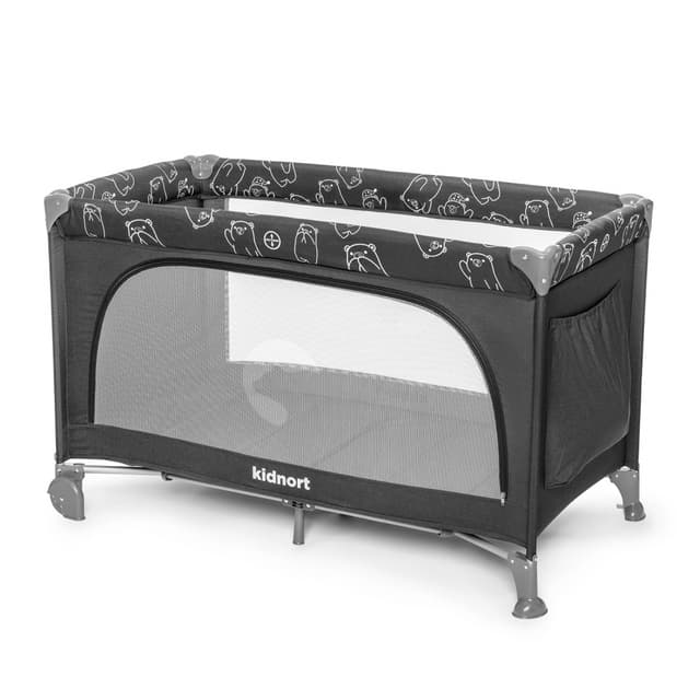 Patut de calatorie pentru copii Kidnort Ihalig Dark Gray cu geanta de transport salteluta usa cu fermoar si roti cu posibilitatea de blocare dimensiune desfacut 128 x 68 x 78.5 cm