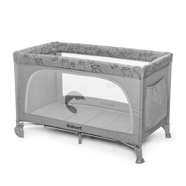 Patut de calatorie pentru copii Kidnort Ihalig Light Gray cu geanta de transport salteluta usa cu fermoar si roti cu posibilitatea de blocare dimensiune desfacut 128 x 68 x 78.5 cm