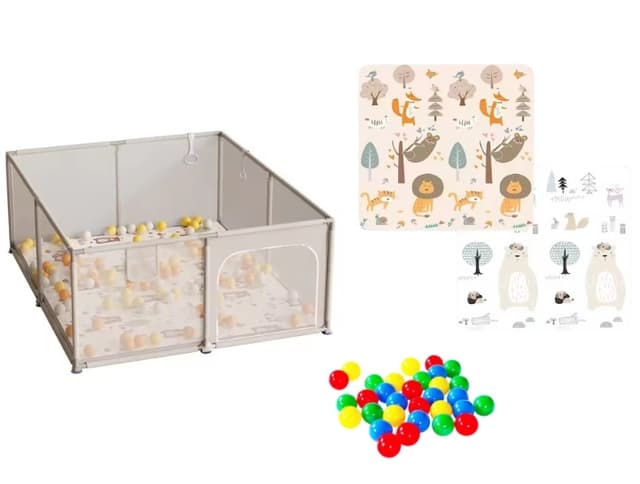 Tarc de joaca Nichiduta 150x180x65 cm cu cadru metalic pereti din plasa acces cu fermoar 4 inele ajutatoare covoras din spuma cu doua fete si 100 de bile incluse Forest Beige