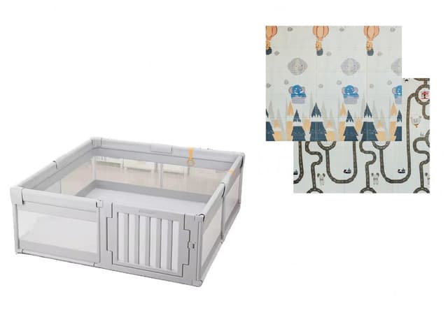 Tarc de joaca 120 x 180 cm cu cadru metalic pereti din plasa inaltime 65 cm cu poarta de acces covoras spuma cu doua fete 4 inele ajutatoare si 100 de bile incluse Playfence Grey