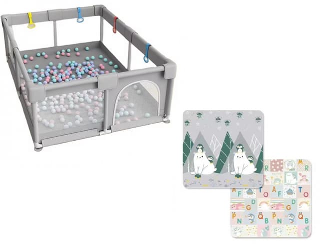 Tarc de joaca Nichiduta dimensiune 120x120 cm cu cadru metalic pereti din plasa inaltime 65 cm acces cu fermoar covoras spuma cu doua fete 4 inele ajutatoare si 100 de bile incluse Polar Grey