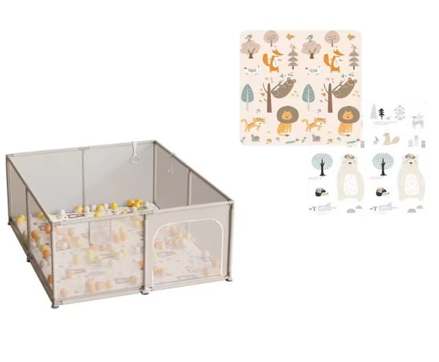 Tarc de joaca Nichiduta 120x120x65 cm cu cadru metalic pereti din plasa acces cu fermoar 4 inele ajutatoare covoras din spuma cu doua fete si 100 de bile incluse Forest Beige