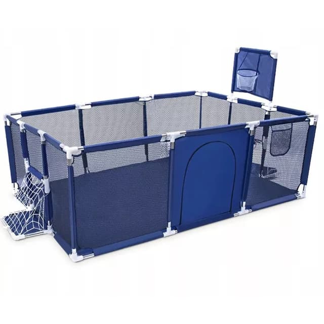 Tarc de joaca pentru copii NiceKids pliabil intrare laterala cu fermoar Cos de baschet si poarta incorporate dimensiune 235 x 129 cm Bleumarin